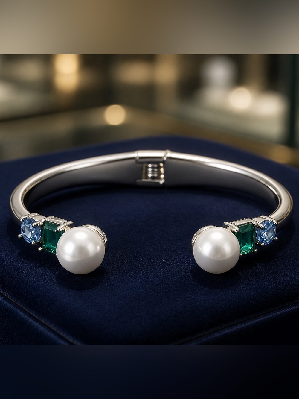 kate spade gold Open Cuff Bracelet with White Pearls, Green and Blue Gemstones